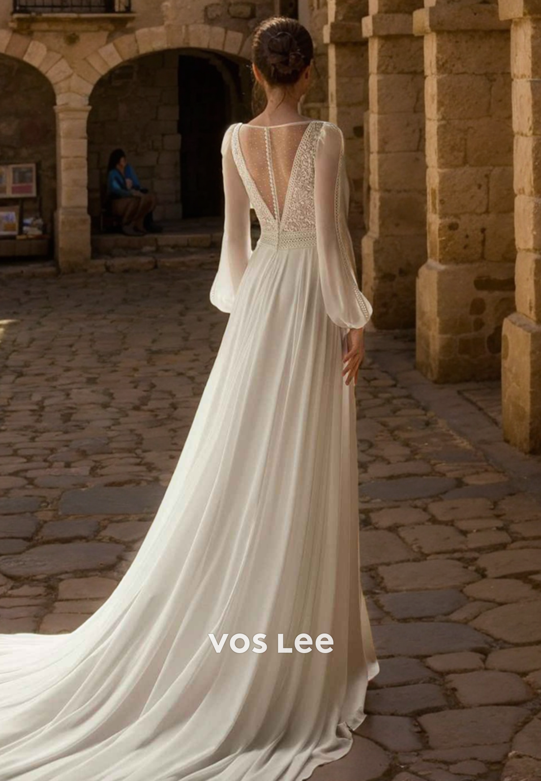 V Neck Elegant Chiffon Engagement Dresses with Split Full Sleeves Button Back Wedding Dress