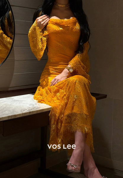 Long Sleeve Square Lace Appliques Rhinestone Ankle-Length Long Evening Dresses