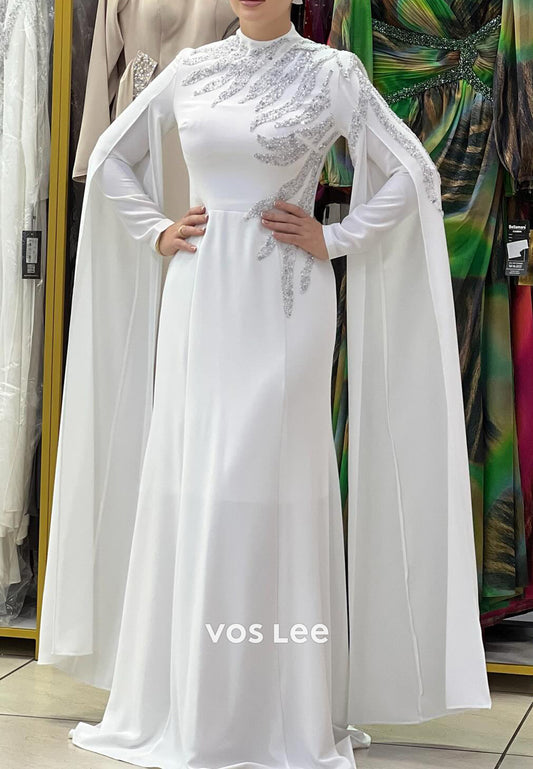 Long Sleeve Scoop Beaded Embellished Floor-Length Sheath Evening Dresses