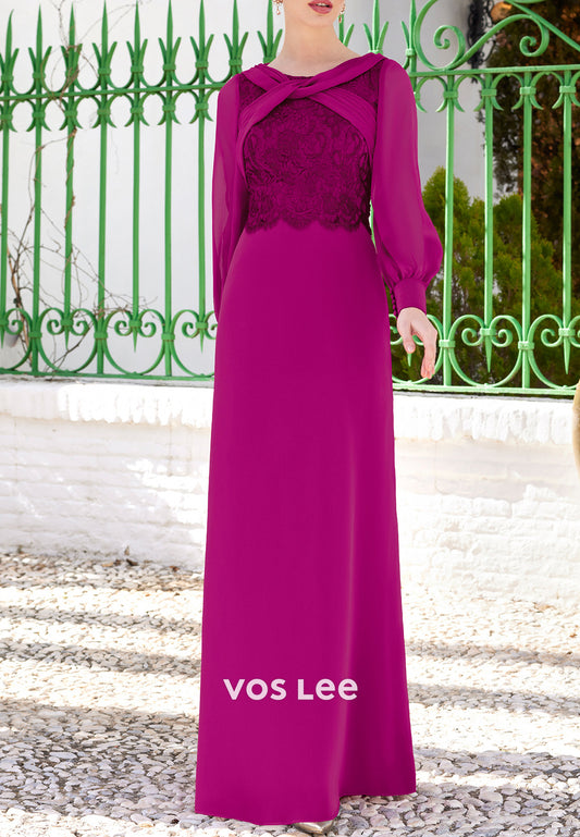 Long Sleeve A-Line Criss-Cross Straps Lace Appliqued Floor-Length Mother of Bride Dress