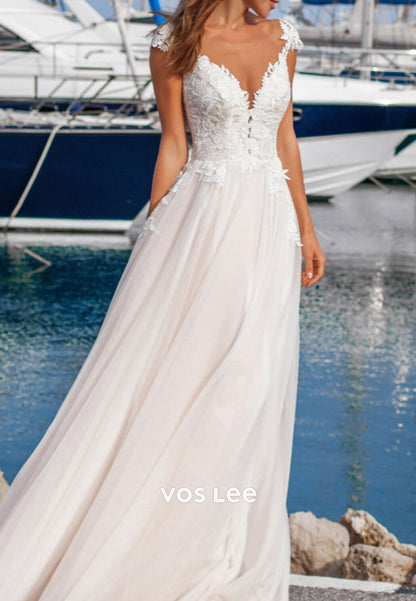 Classic & Timeless A-Line Cap Sleeves V Neck Appliques Lace Pleated Wedding Dresses