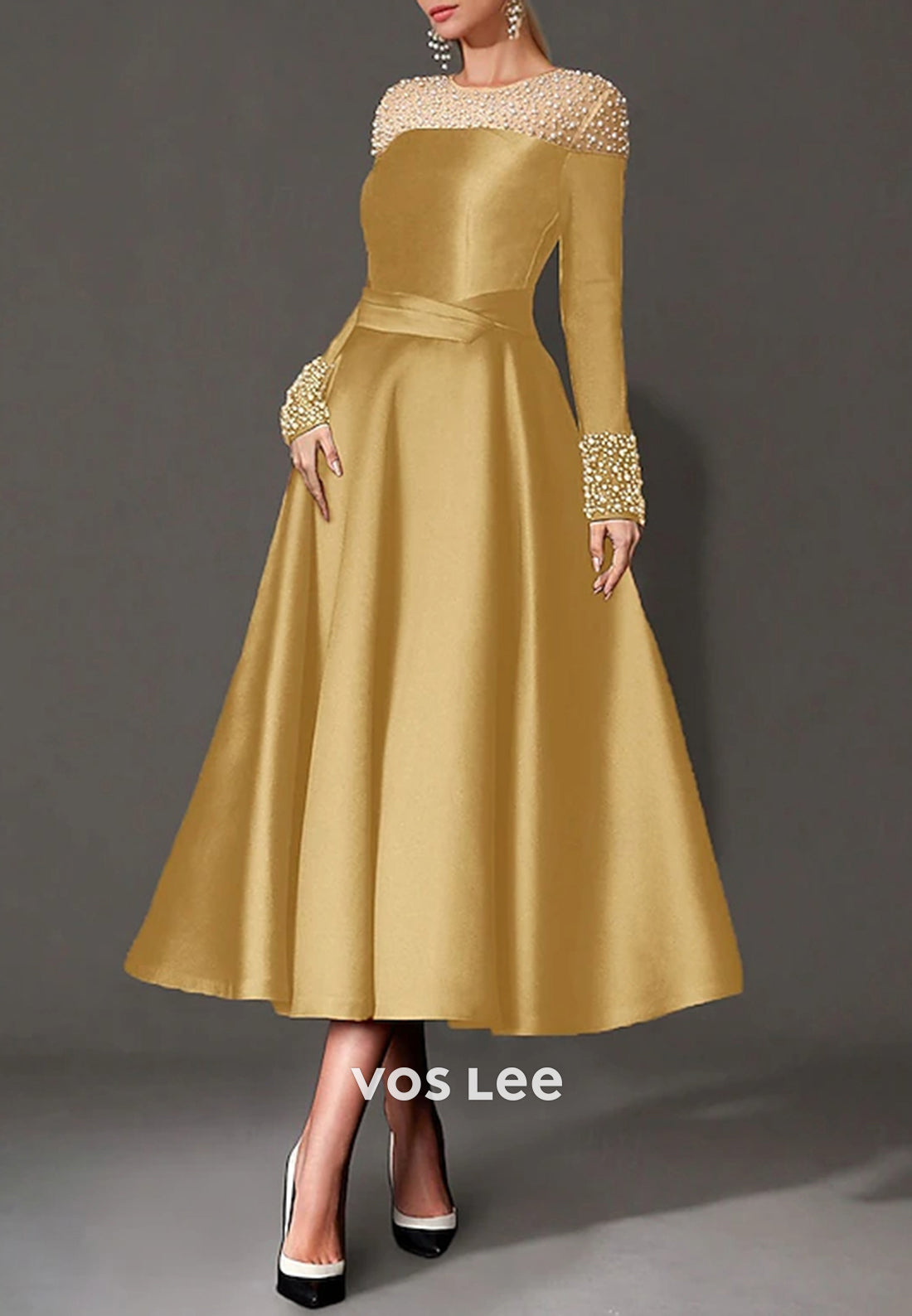 Long Sleeve A-Line Beaded Scoop Tea-Length Pleated Evening Dresses