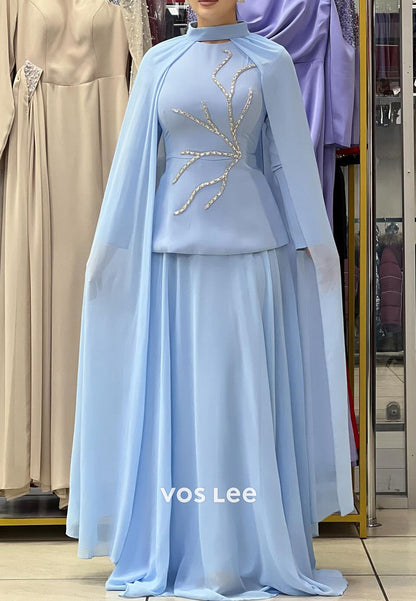 Long Sleeve High Neck Rhinestone Embellished Floor-Length Pleated Evening Dresses
