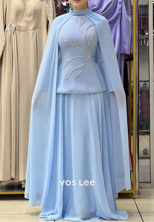 Long Sleeve High Neck Rhinestone Embellished Floor-Length Pleated Evening Dresses