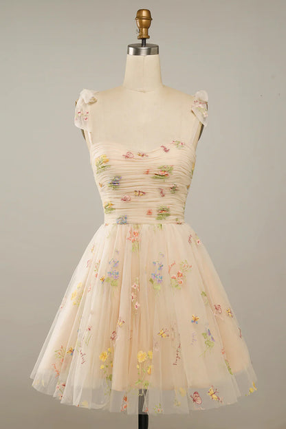 A Line Spaghetti Straps Champagne Short Homecoming Dress with Embroidery