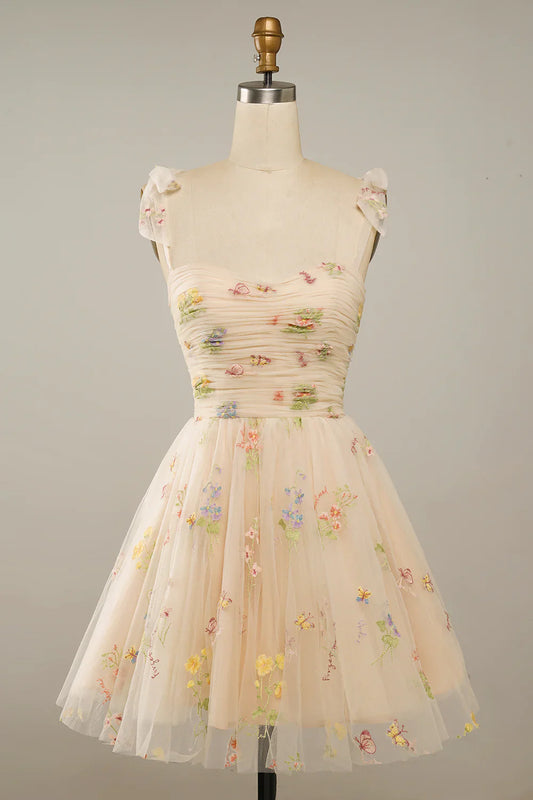A Line Spaghetti Straps Champagne Short Homecoming Dress with Embroidery