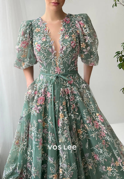 A-Line Short Sleeve V Neck Appliques Lace Floor-Length Prom Dresses