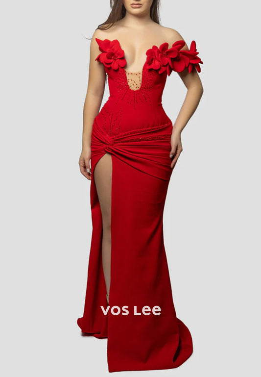Sexy & Hot One Shoulder Floral Embossed Pleated Evening Dresses with Sweep Train