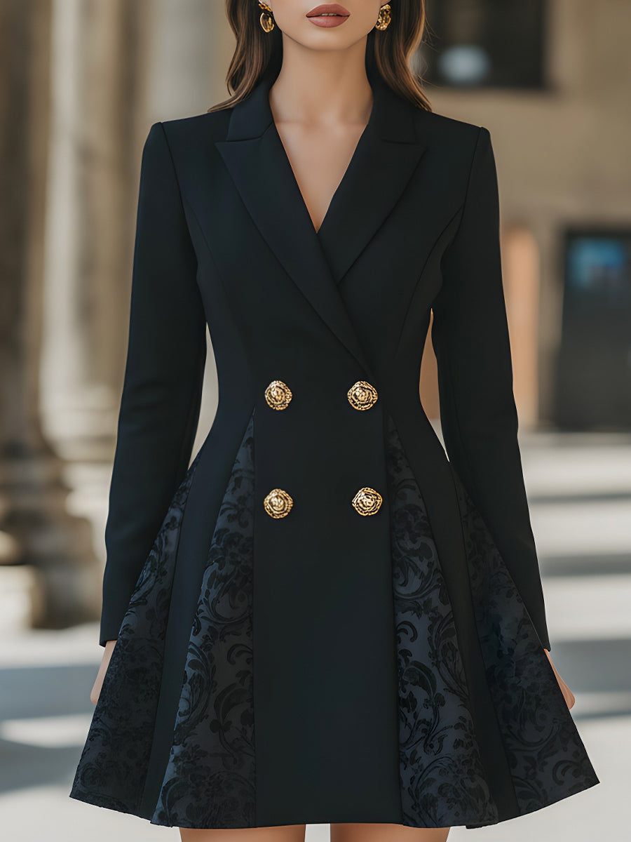 Tailored Double-Breasted Blazer Dress With Jacquard Godet Panels