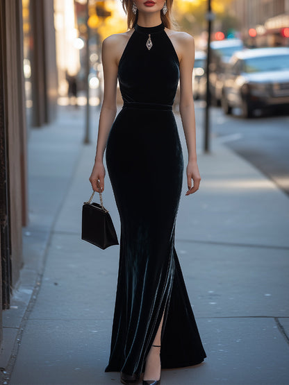 Elegant Velvet Halter Neck Evening Gown