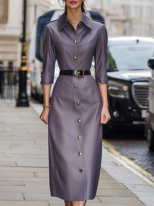 Purple Gray Belted Shirt Dress With Gold Button Detail