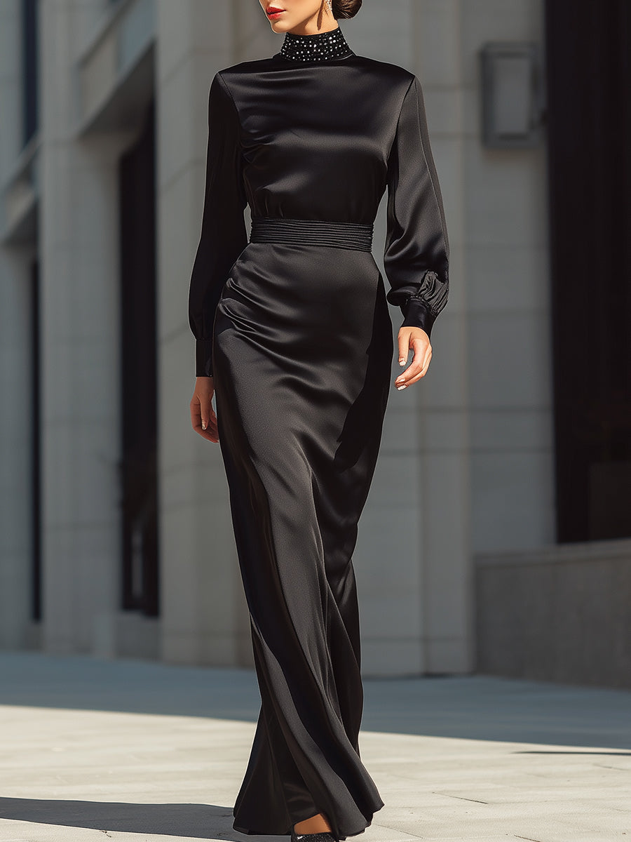 Black Satin High-Neck Long Evening Dress