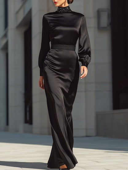 Black Satin High-Neck Long Evening Dress