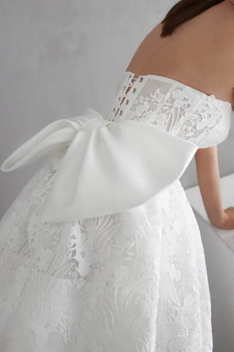 Strapless Lace Applique Short Wedding Dress with Oversized Bow Back