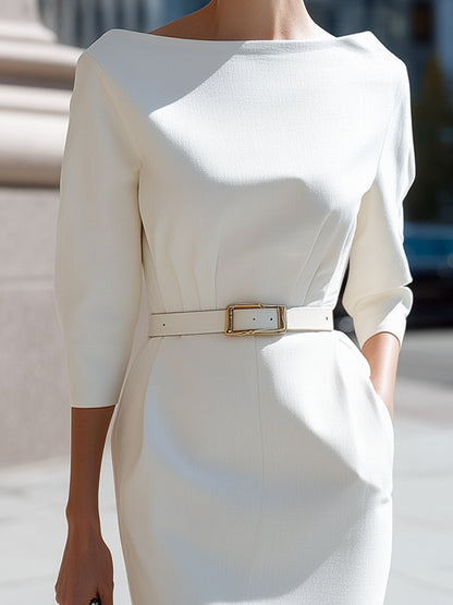 VOS LEE Belted Boatneck Pencil Dress In Porcelain White