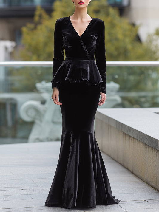 Midnight Grace Velvet Peplum Gown