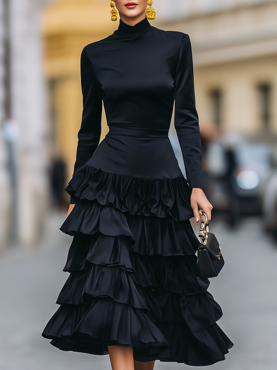 Elegant Mock Neck Tiered Ruffle Midi Dress