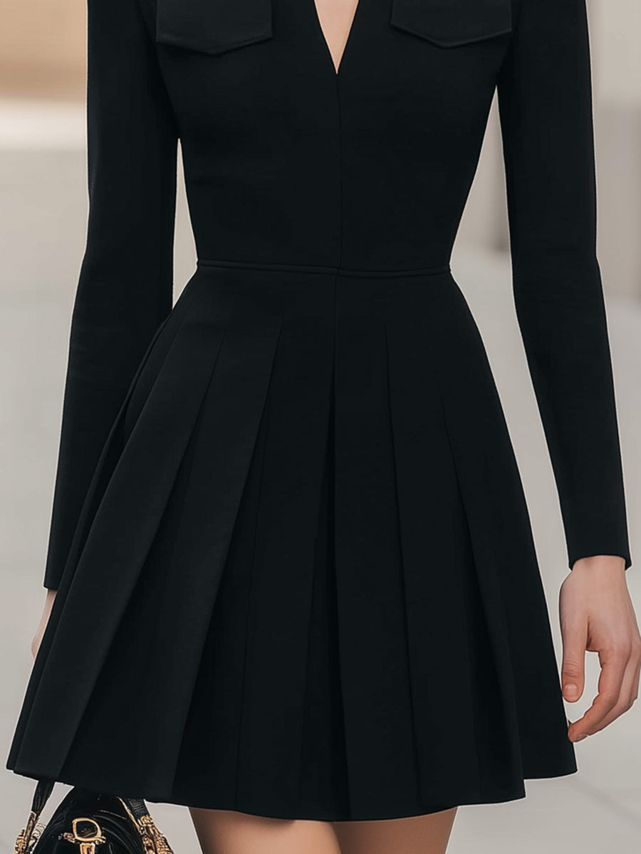 Chic Black Long Sleeve Pleated Mini Dress With Structured Collar