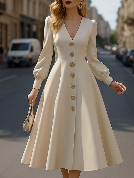 Elegant V-Neck Long Sleeve A-Line Midi Dress