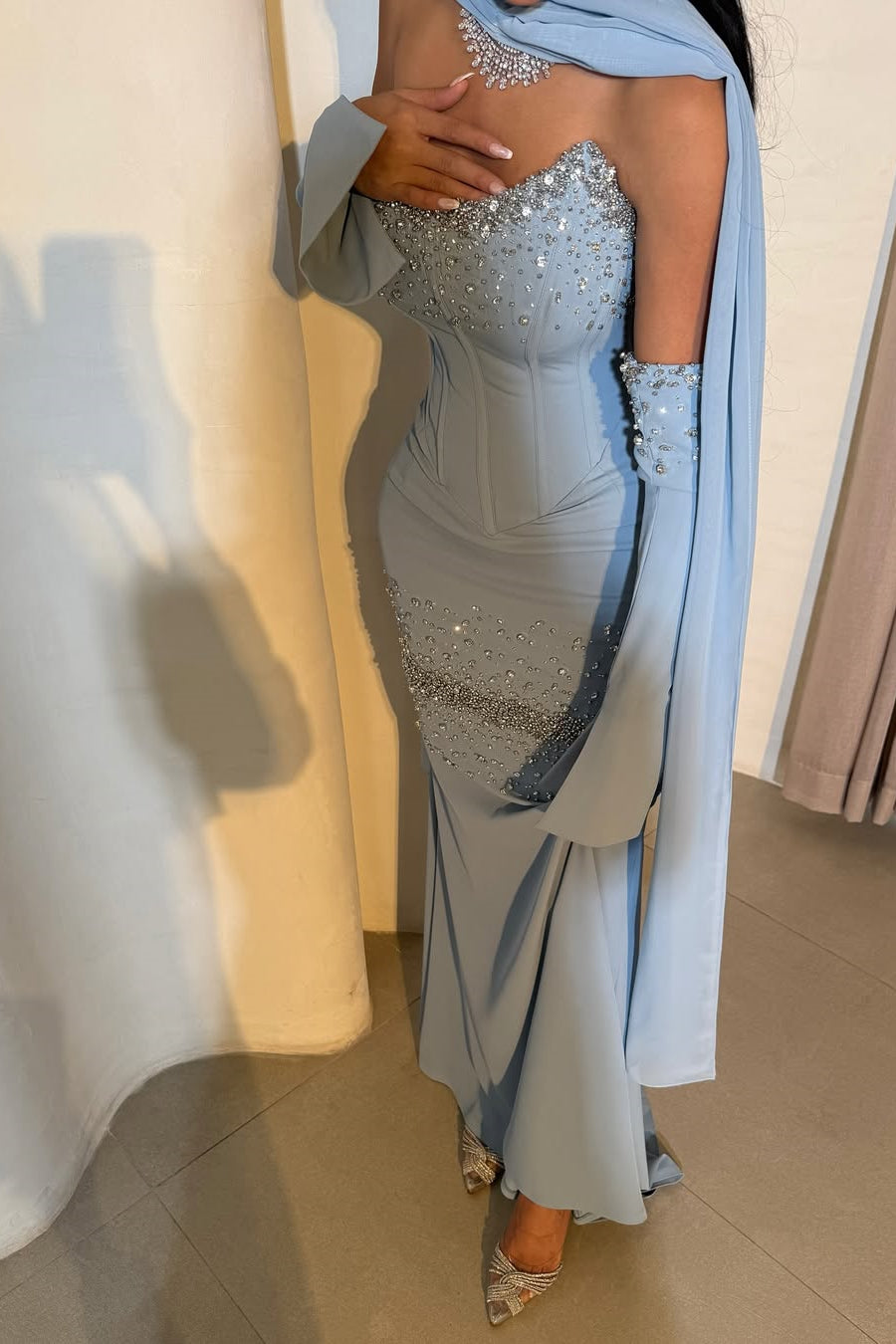 Dusty Blue Strapless Sleeveless Evening Gowns Mermaid Long With Beadings