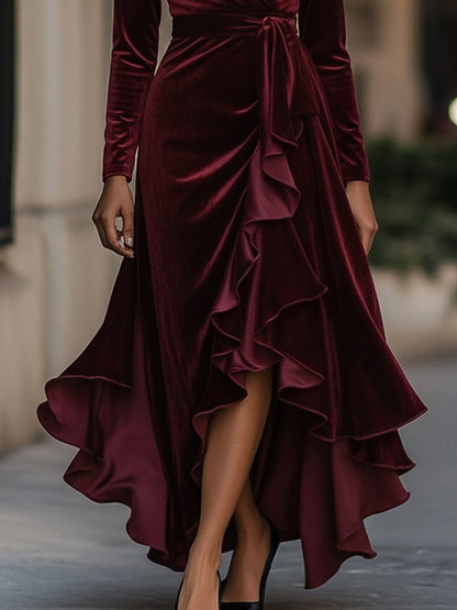 VOS LEE Burgundy Velvet Wrap Gown With Cascading Ruffle Hem