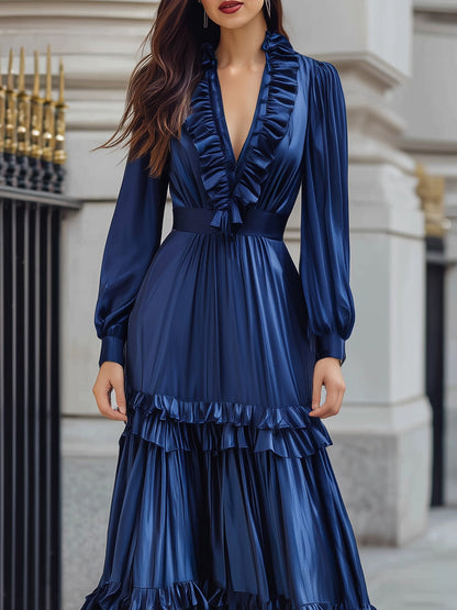 Midnight Elegance Satin Maxi Dress With Ruffled Detailing