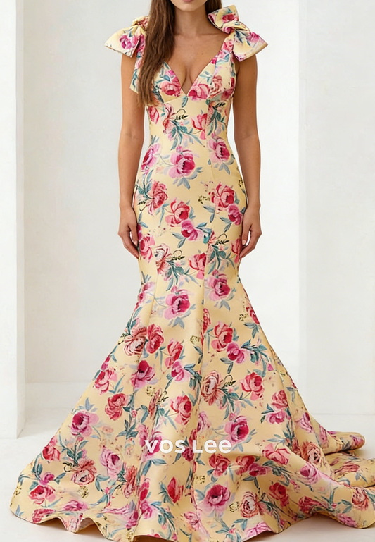 V-Neck Mermaid Floral Jacquard Prom Dresses With Bows