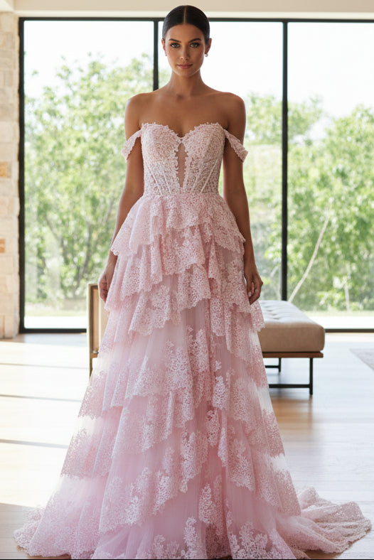 Gorgeous A Line Off the Shoulder Light Pink Tiered Tulle Prom Dress with Slit