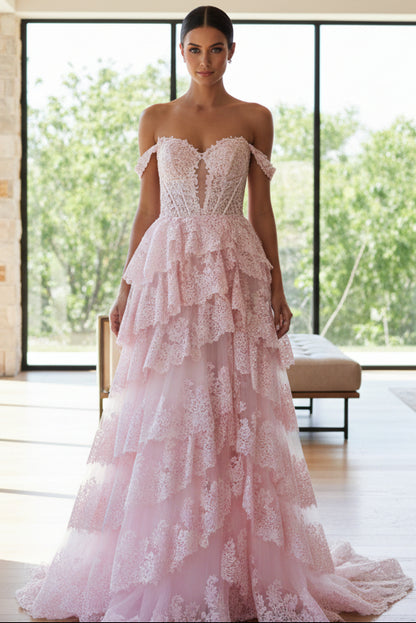 Gorgeous A Line Off the Shoulder Light Pink Tiered Tulle Prom Dress with Slit