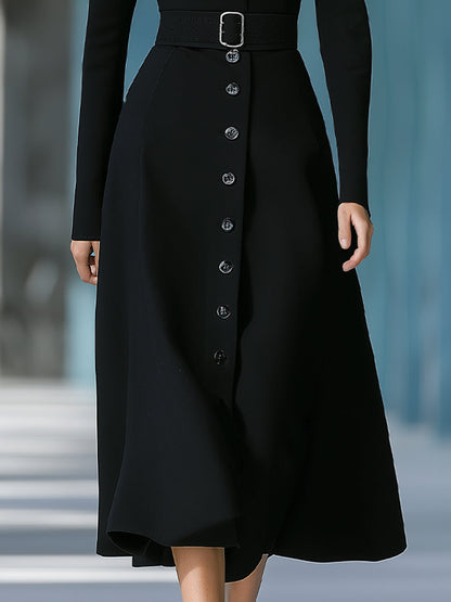 Black Belted Button-Down Midi Dress