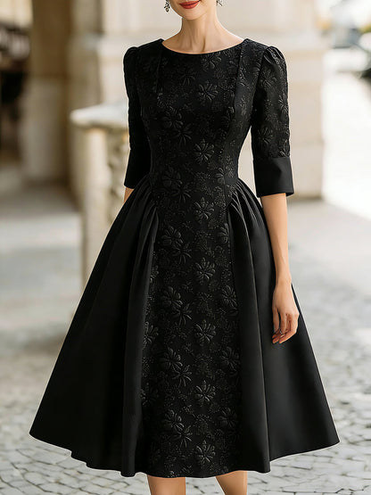 Elegant Jacquard Short-Sleeve A-Line Midi Dress
