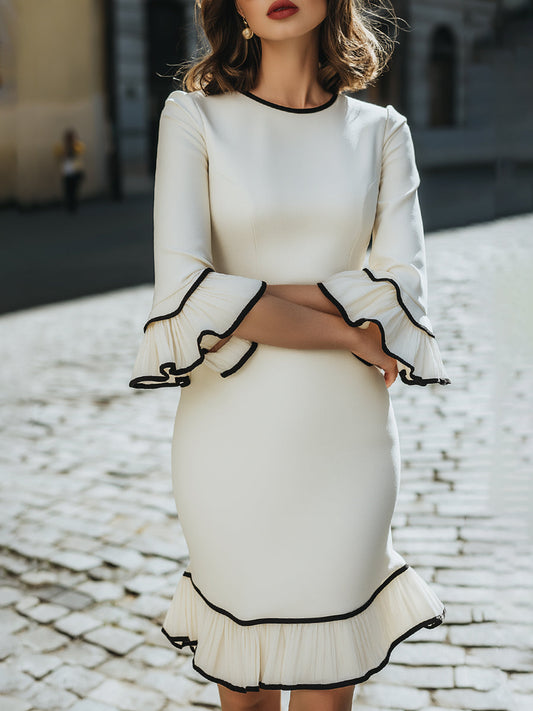 Ivory Ruffle-Trim Dress With Black Piping