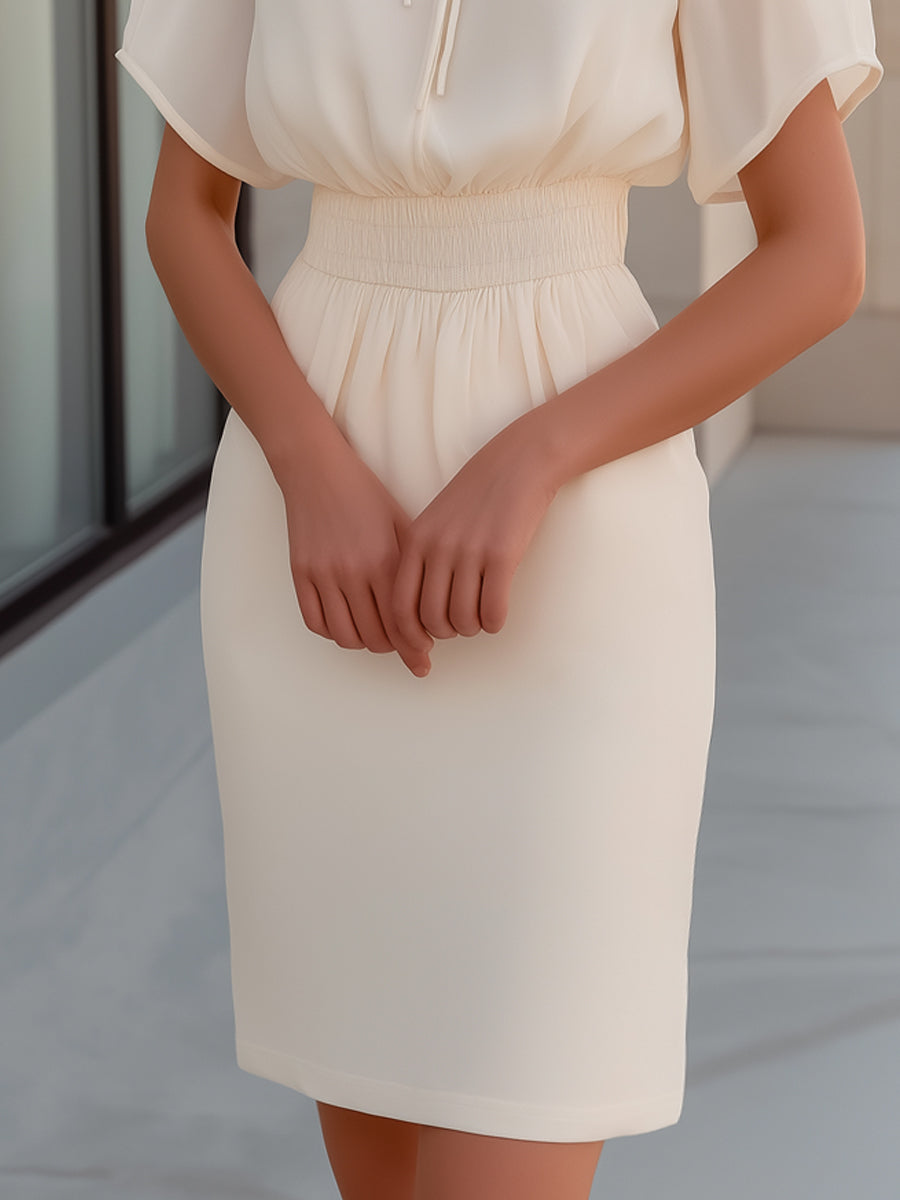 Tie-Neck Flutter Sleeve Ruched Waist Midi Dress