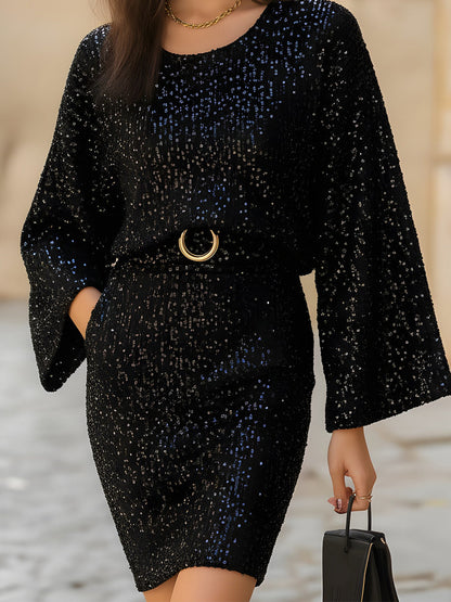 Sequin Knit Bell-Sleeve Belted Bodycon Dress