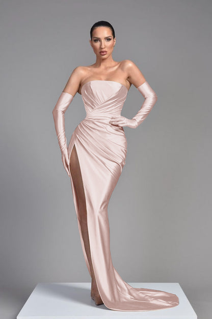 Champagne Evening Dress Half Sleeves With Pleated High Split