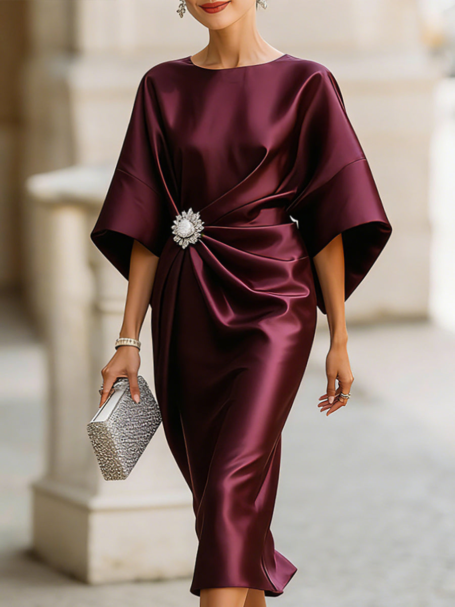 Satin Draped Midi Dress With Rhinestone Brooch Detail