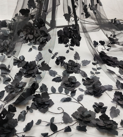 Black Stretch Knit Dress With 3D Floral Embroidered Mesh Overskirt