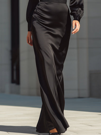 Black Satin High-Neck Long Evening Dress