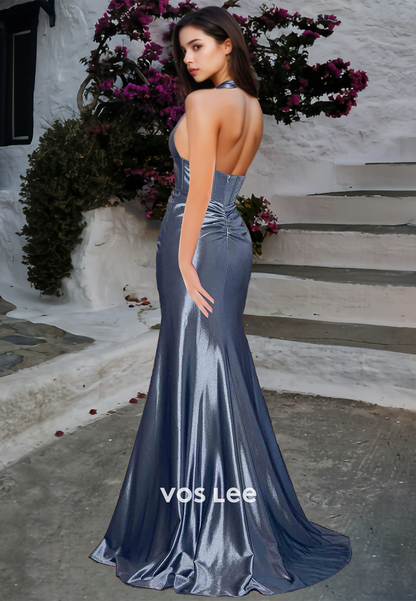 Sparkly Column Halter Backless High Split Ruched Satin Prom Party Dress