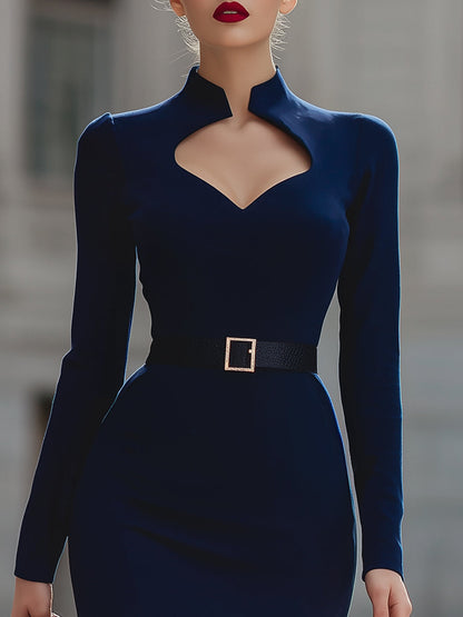 Elegant Navy Blue Cutout Midi Sheath Dress