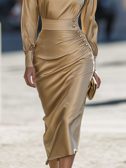 Champagne Satin Draped Midi Dress