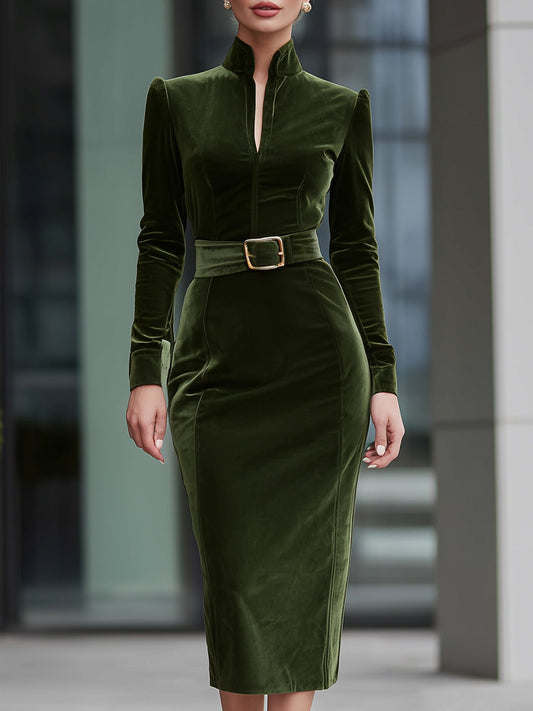 Emerald Green Velvet Belted Midi Dress