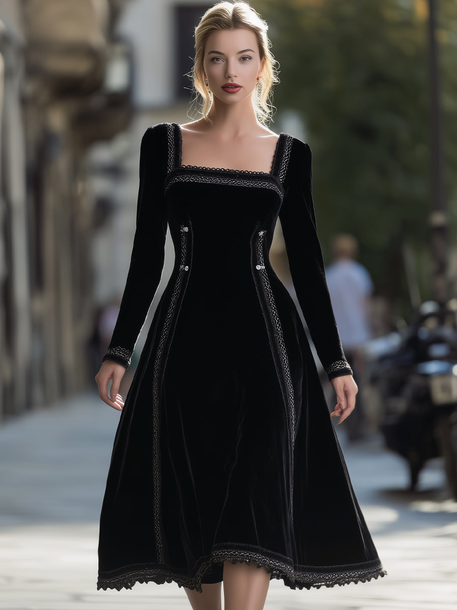 VOS LEE Timeless Black Velvet A-Line Midi Dress