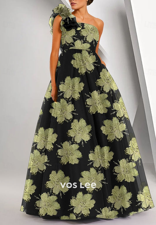 Elegant Sleeveless One Shoulder Ruffles A-Line Floor Length Evening Gown