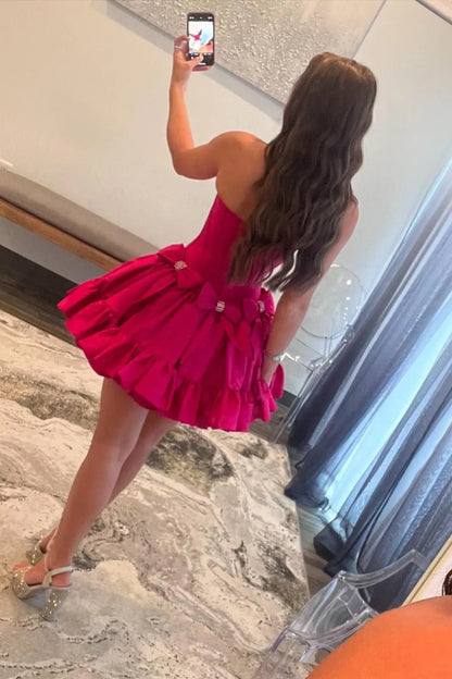 Cute A Line Strapless Hot Pink Short Homecoming Dress with Beading