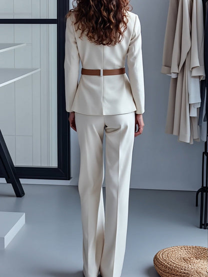 White Belted Blazer and Trousers Ensemble