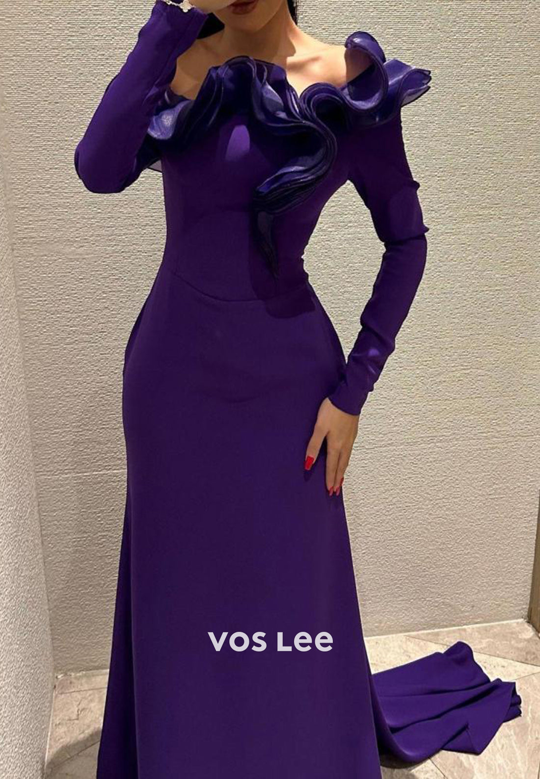 Long Sleeve One Shoulder Ruched Mermaid Evening Dresses with Sweep Train