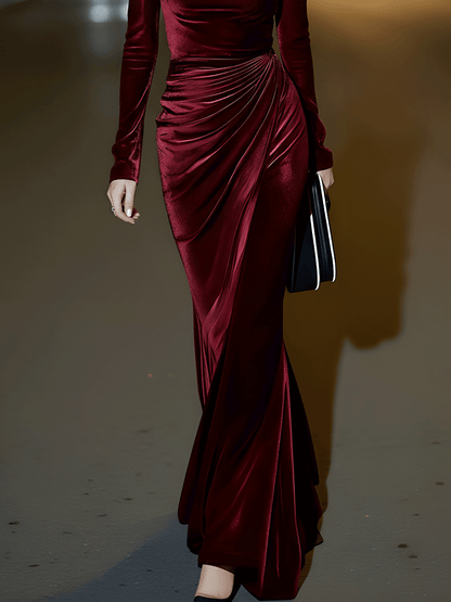 Burgundy Velvet Draped Evening Gown
