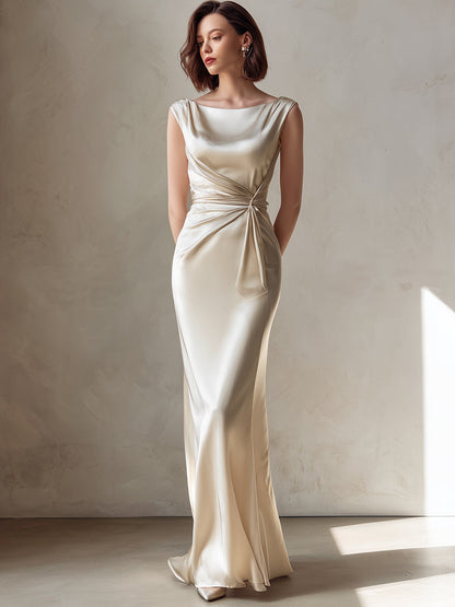 Ivory Draped Satin Column Dress With Sculpted Waist Detail