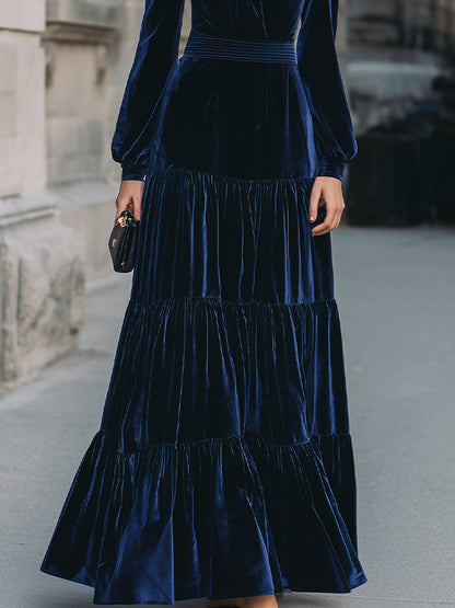 Navy Blue Velvet Tiered Maxi Dress